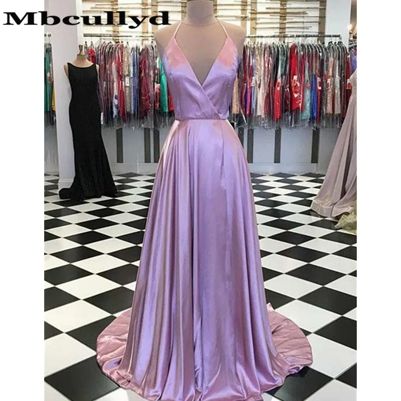 

Mbcullyd Sexy V-neck Lilac Prom Dresses 2019 Open Back A-line Formal Evening Dress Cheap Long Sweep Train vestido de festa longo