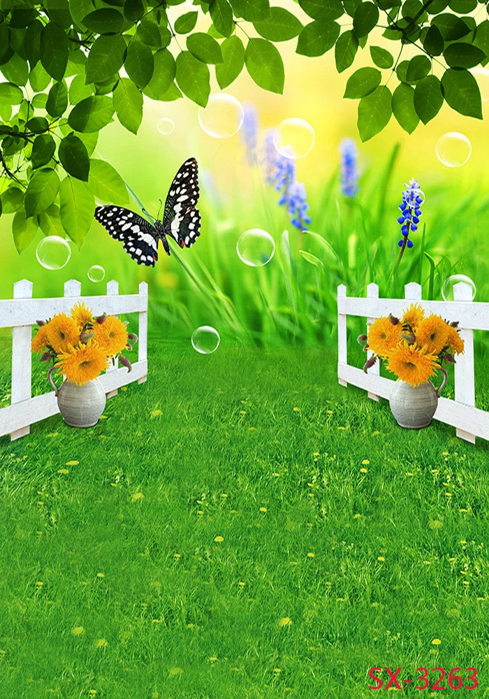 5X10FT-Happy Children Spring Green Grass Photography Backdrops Pet Leaves Fence Background Props For Photo Studio 