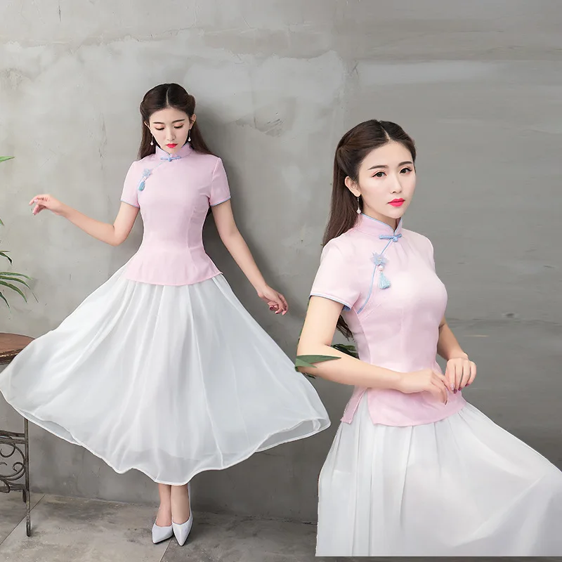 Light Temperamento rosado Tang Madre Tradicional Camisa Novia M Elegante Tamaño Mandarín verde Manga Chino xxl Blusa Blue Top Collar Verano Corta P Uzw1dqU