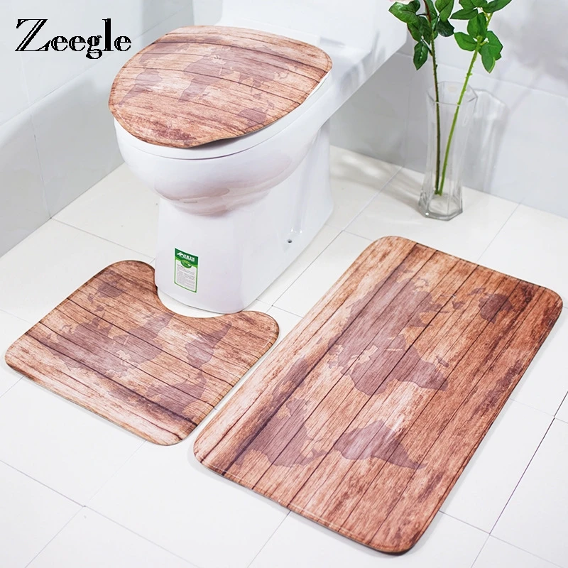 Zeegle 3pcs/set Bathroom Mat Set Wood Pattern Bath Mat Anti Slip