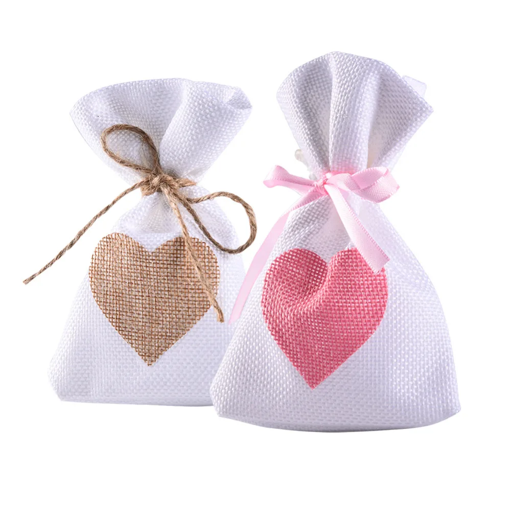 

12Pcs/Set Fashion White Linen Drawstring Wedding Favor Bags Pouch Pink Heart Shape Wedding Gift Bags Jewelry Bag 9.5*14.5cm