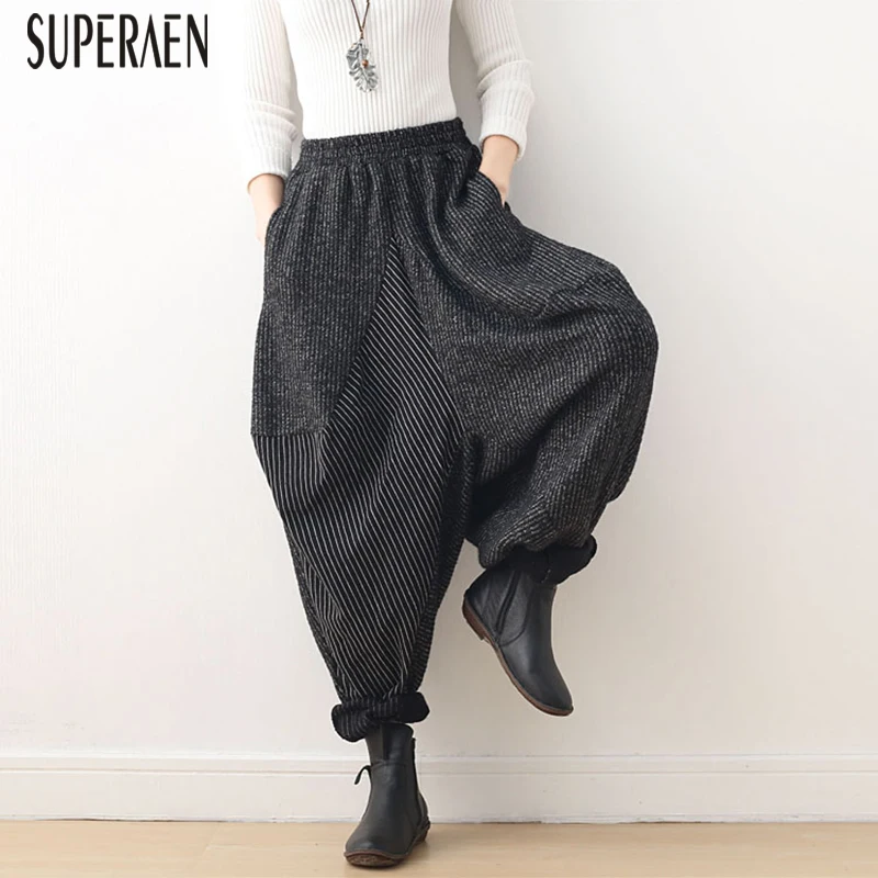 SuperAen 2018 зимние повседневные брюки хлопок дикие новые модные Асимметричные Полоски Женские брюки Pluz Размер с высокой талией брюки женские