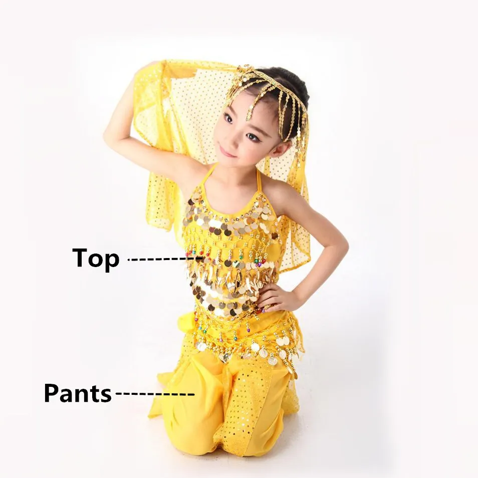 Yellow 2pcs Детский костюм для танца живота, топ, штаны, танцевальный костюм, хип-шарф, детский Болливуд, индийский танец живота для девочек, одежда - Цвет: Yellow 2pcs