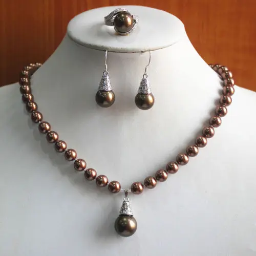 

New Design Women'S Coffee Pearl Necklace Earring Ring(7/8/9)Jewelry Set
