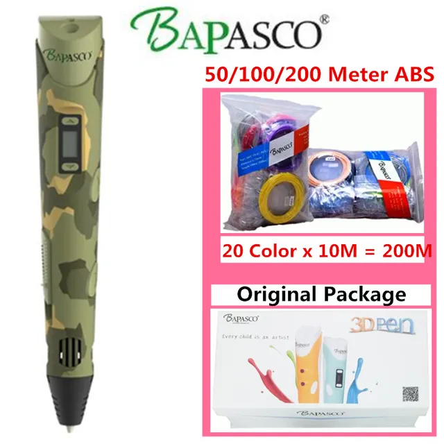 Best Offers BAPASCO 3D Pen+50M/100M/200M ABS Filaments 2018 Wholesale 3D Printing Pen For Kids Creactive Doodler 3D Painting Pen 3D Model