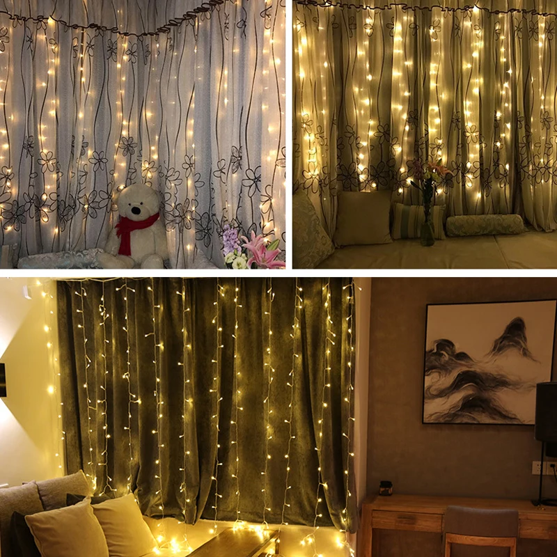  Led Fairy Wedding Curtain String Light 300 Bulbs 3x3m Icicle Beads Garland Party Twinkle Starry Garlden Holiday Decoration Lamp (19)