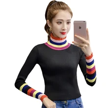 Women Pullover Sweater 2018 Autumn Winter New Half High Collar Rainbow Striped Sweater Female Korean Short Slim Sweaters XY708