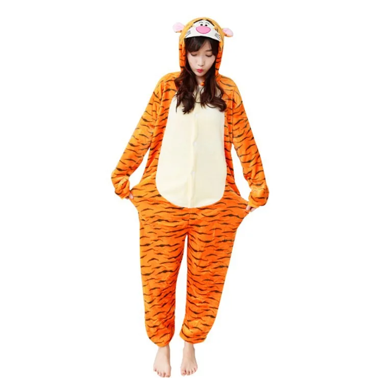 Кигуруми взрослых животных единорог пижамы набор Косплей панда для женщин мужчин зима унисекс фланель Ститч комбинезоны с капюшоном пижамы - Цвет: tiger