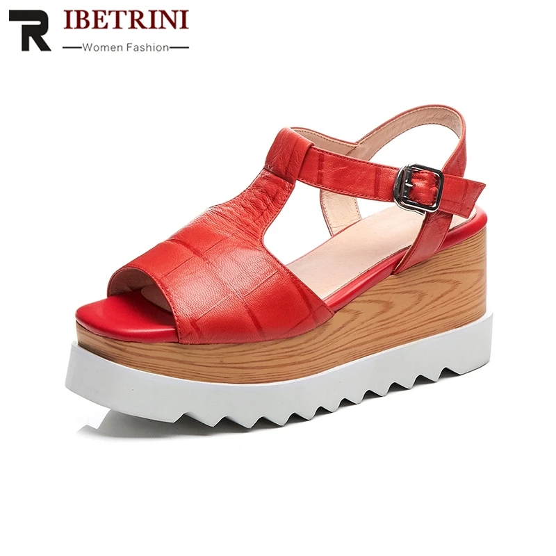 

RIBETRINI 2019 New Fashion T-strap Sandals Women Summer Cow Leather Peep Toe Platform High Heels Sandals Women Shoes Woman