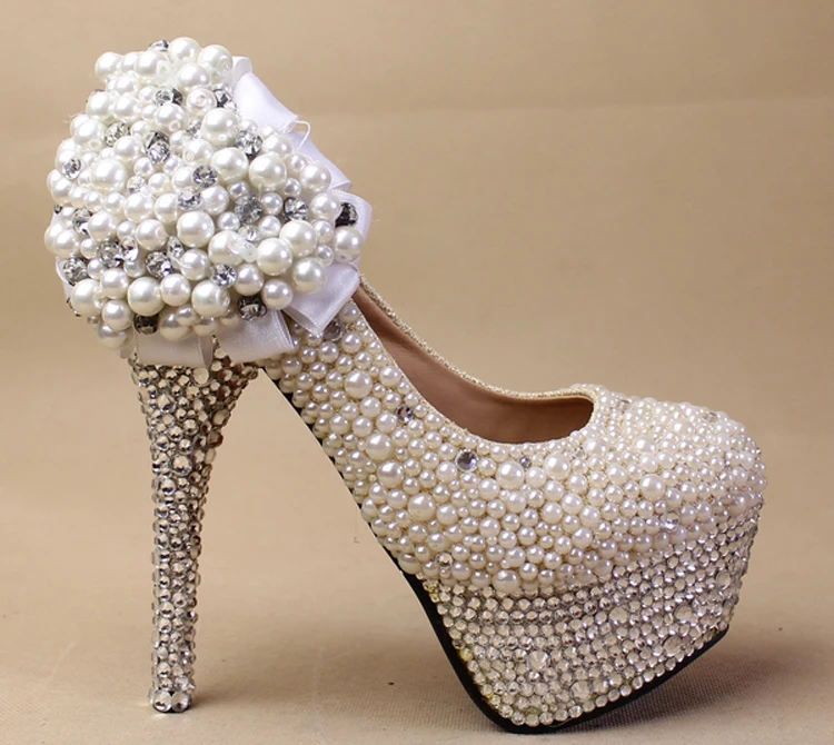 2016 Handmade Imitation Pearl Wedding Dress Shoes High-heeled Bridal Shoes Sexy Round Toe pumps Formal Shoes