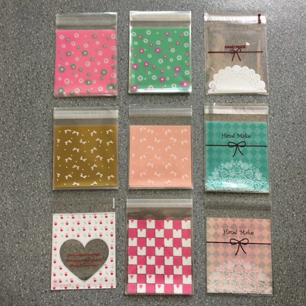 

50pcs 9colors Cookie Candy bread packaging bags lovely self-adhesive plastic bags for biscuits snack baking package 10X10+3cm