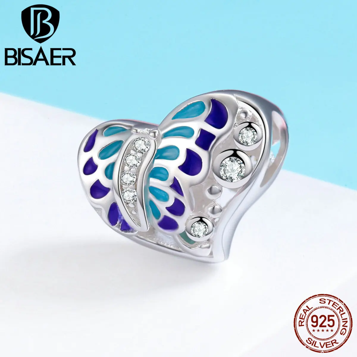 

2019 Summer Collection 100% 925 Sterling Silver Blue Butterfly Love Heart Beads Fit Charms Bracelets & Bangles DIY Jewelry