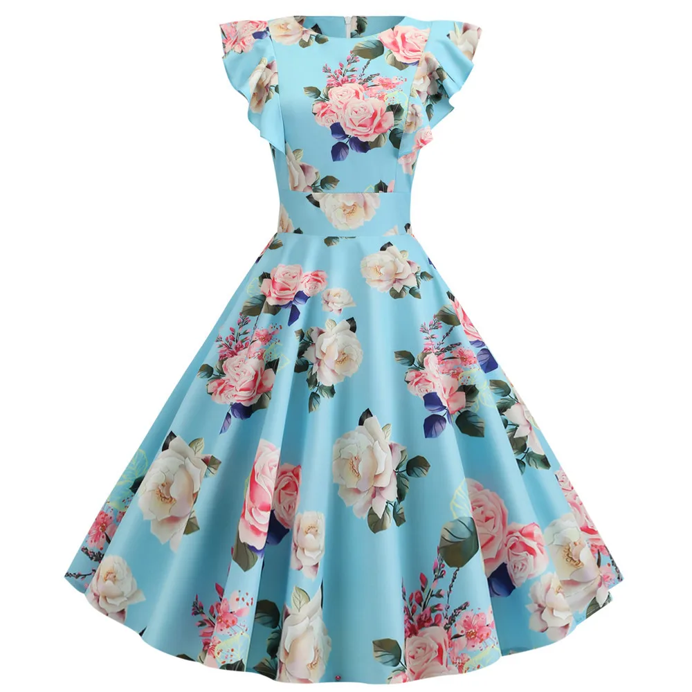 

2019 Women Summer Dress Retro Vintage 50s 60s Rockabilly Pinup Party Vestidos Butterfly Sleeve Knee-Length Floral Office Dress