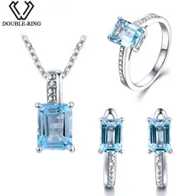 DOUBLE-R настоящий бриллиант Наборы свадебных ювелирных изделий женский 5.25ct Природный Голубой топаз 925 Серебряное кольцо серьги кулон Для женщин подарок