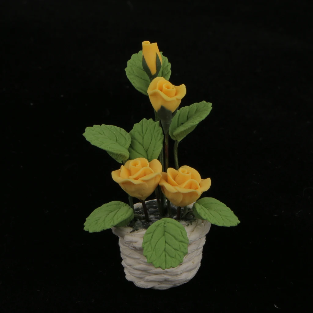 Miniature Yellow Rose Buds Flowers in White Rattan Pot Dolls House Fairy Garden Plant Ornament Accessory