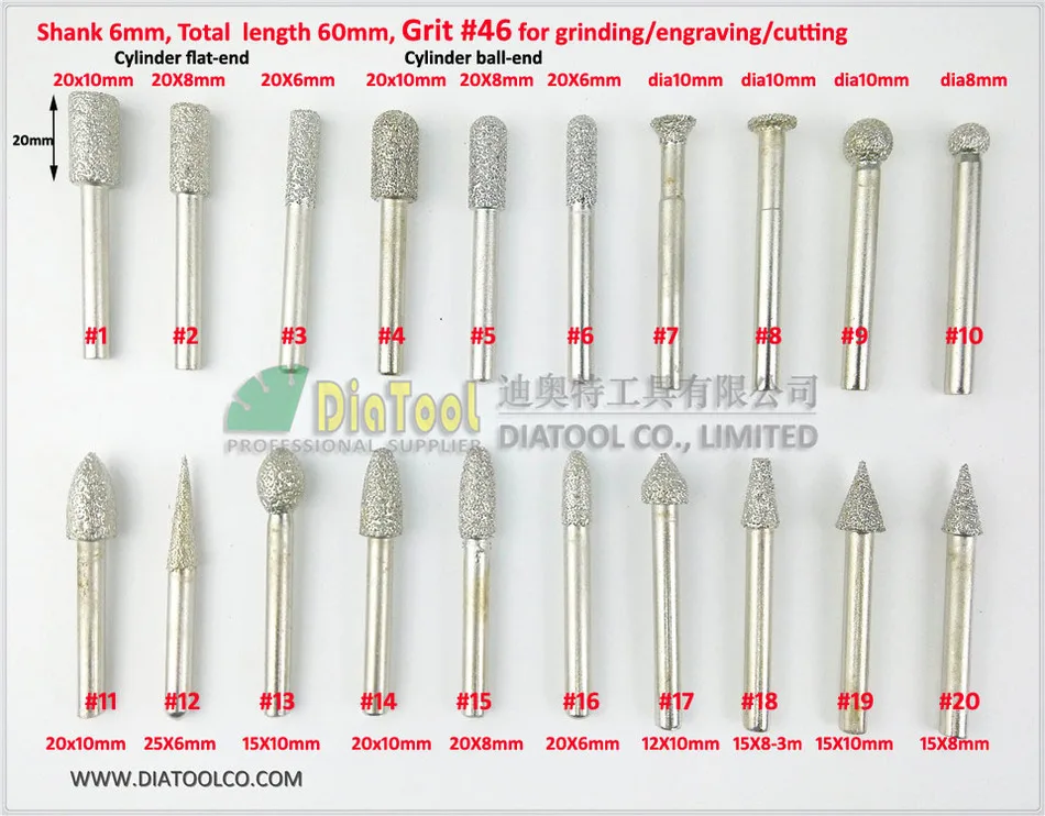 DIATOOL 6 шт #18/19/20 Алмазная резьба бит, конический Тип установлены точки вакуумные спаяны алмазные заусенцы, хвостовик 6 мм зернистость 46