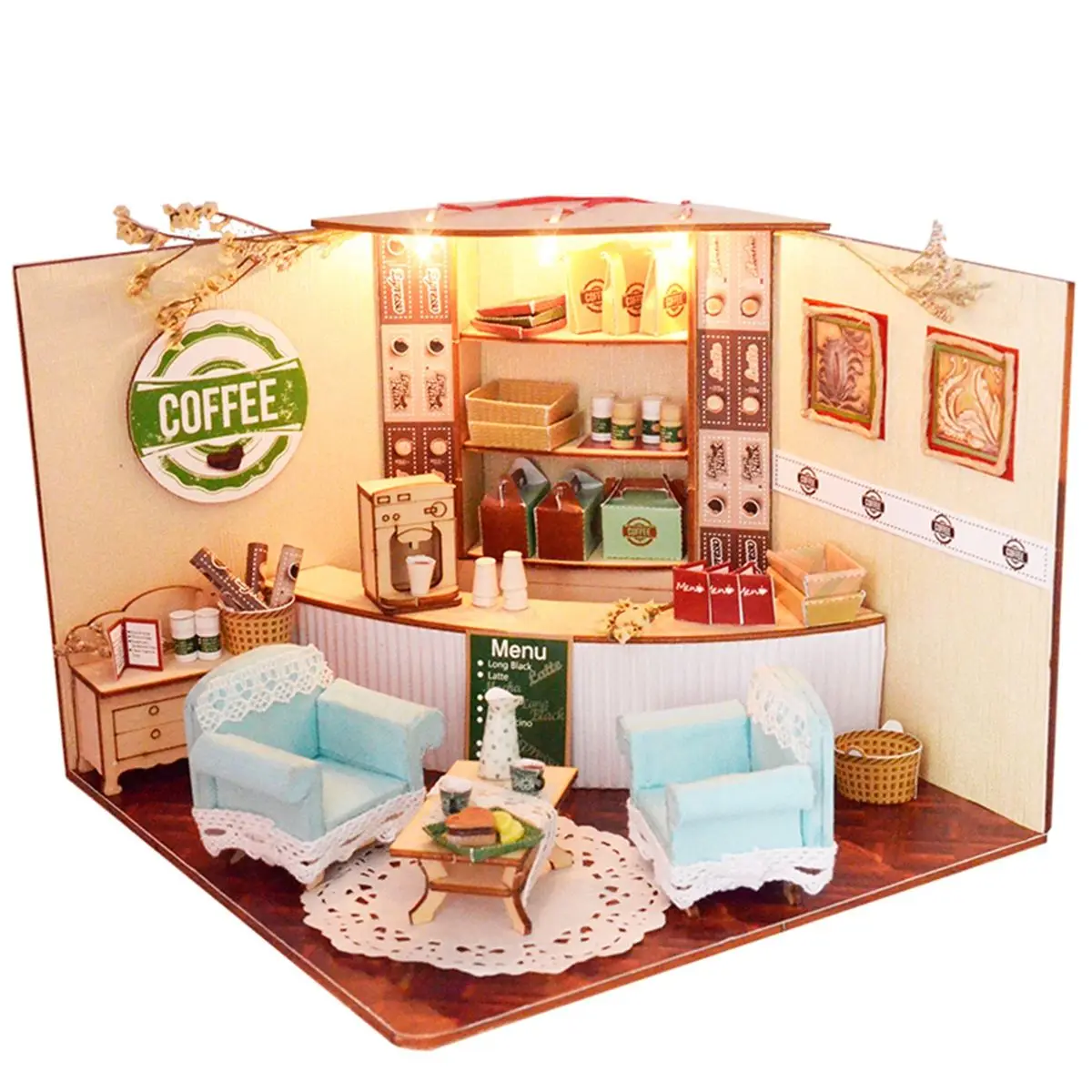 

New Sweet Home Colombian Coffee House Room DIY Dollhouse Kit With LED Light Wood Miniature Dollhouse toys Decor Gift
