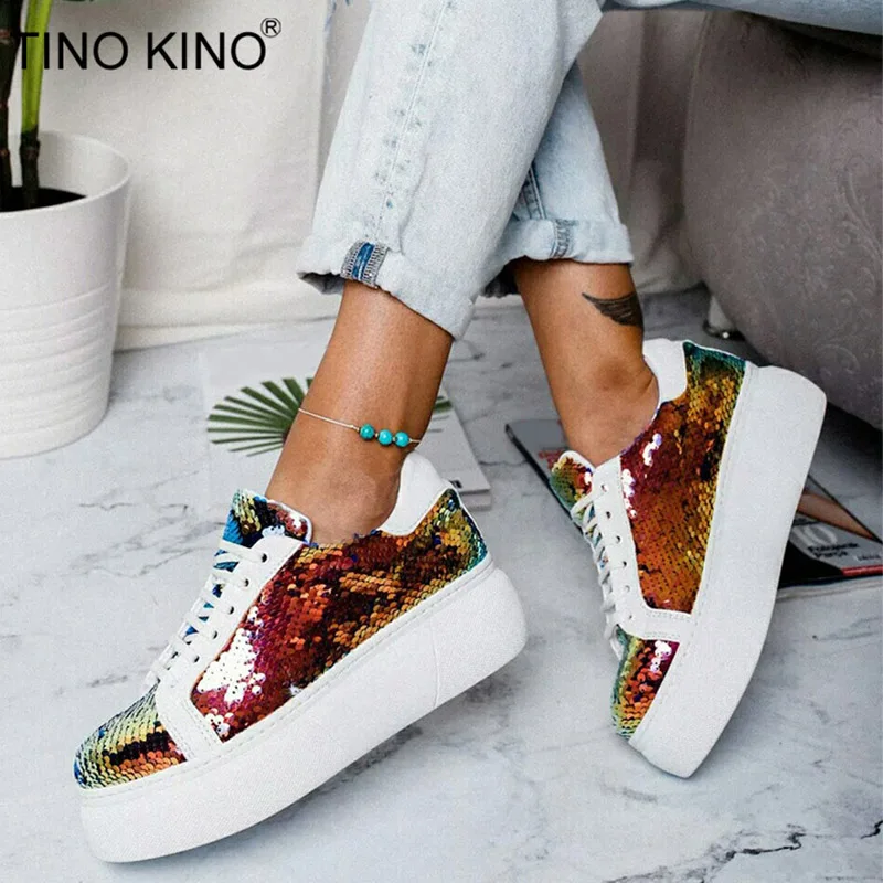 

TINO KINO Woman Flat Platform Creepers Vulcanized Ladies Lace Up Bling Shoes Female Glitter Sneakers Comfortable Casual Footwear