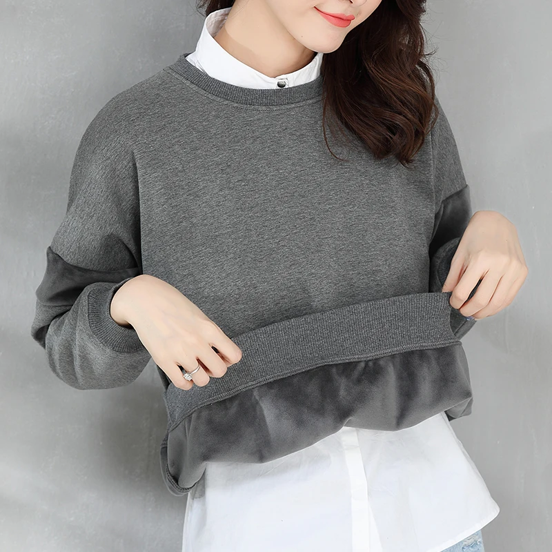 

Autumn Clothing Female Loose Large Size Velvet Hoodies Solid Color Winter Women Stitching Long-Sleeve Sweatshirt Wild TopsMZ3171