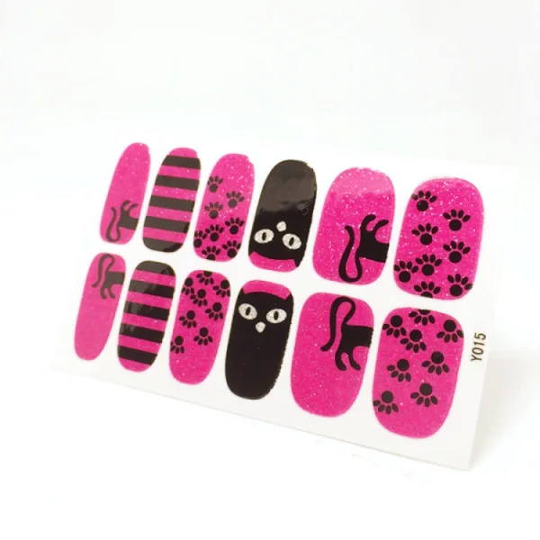 

Nails Art Sticker Pink Stripe Black Cat Design Nail Sticker Manicure Decor Tools Cover Nail Wraps Decals
