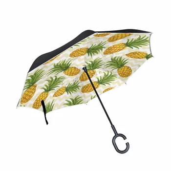 

Country Style Pineapples Pattern Reverse Umbrella C-Handle Double Layer Inside-Out Colors Paraguas Windproof Women Umbrellas