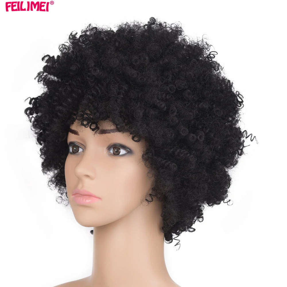 Feilimei синтетический Ombre Искусственные парики для черный Для женщин волос 110 г афро вьющиеся короткие черные афроамериканец Искусственные
