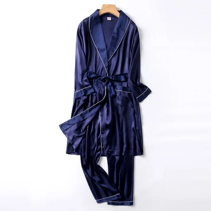 Двухкомпонентная шелковая ночная рубашка, атласная Мужская одежда для сна, свободный шелковистый халат с длинным рукавом и длинными штанами, банный халат для мужчин - Цвет: robe pants set 3