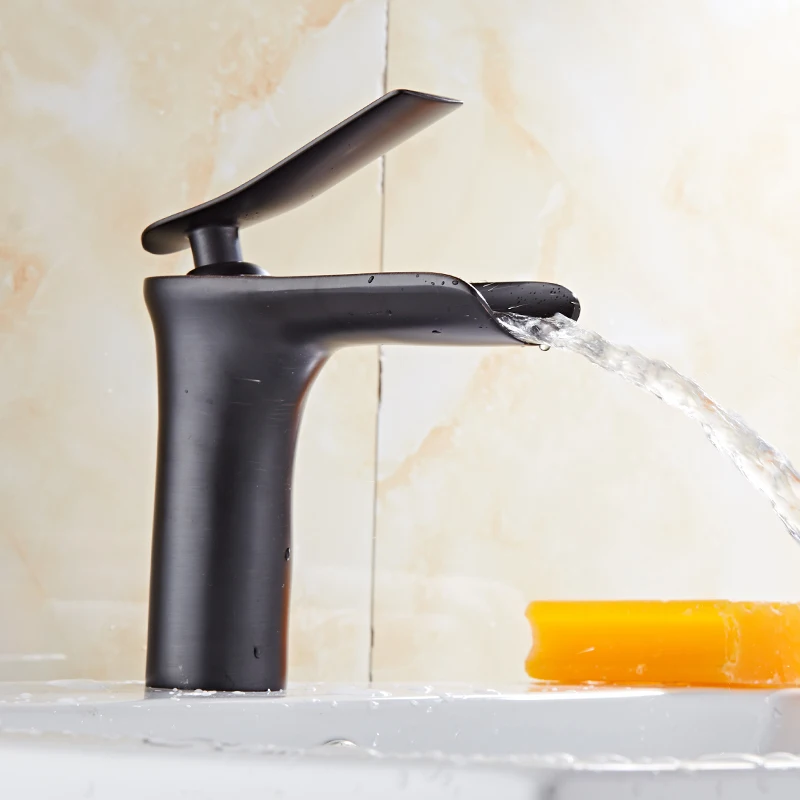 Basin Faucet Waterfall Brass Bathroom Sink Faucet Single Handle Basin Mixer Tap Modern Bath Antique Hot and Cold Water Tap Black