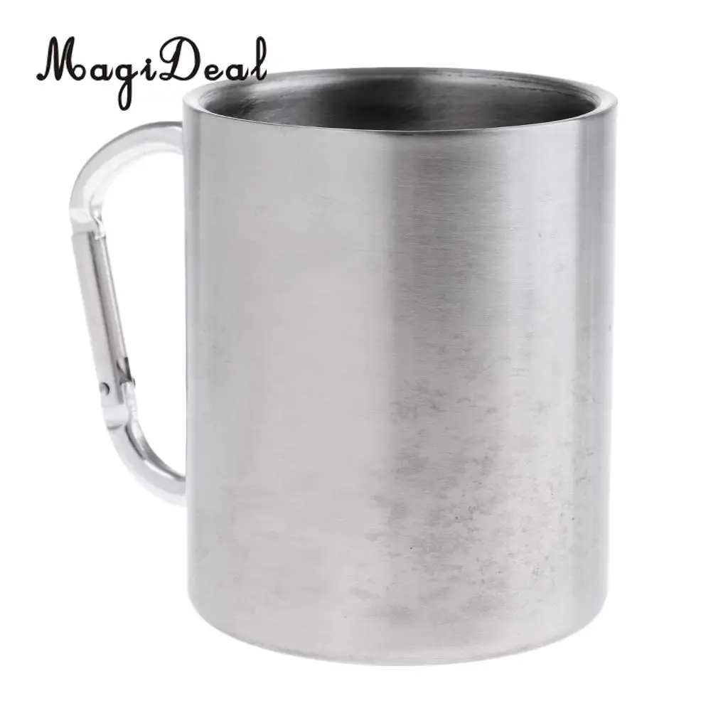 MagiDeal 300ML Stainless Steel Outdoor Camping Cup Coffee Mug with Carabiner Handle for Mountaineering 