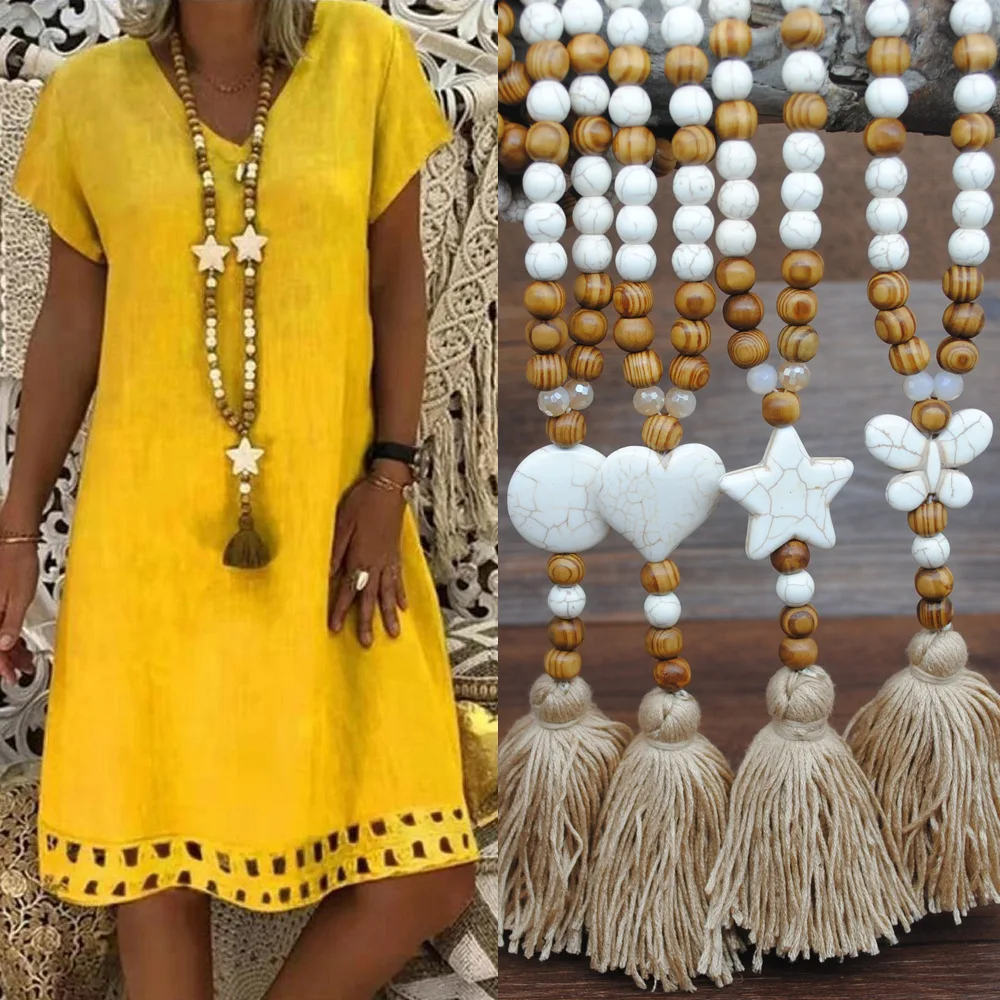 

AliExpress European And American Foreign Trade Bohemian Ma Clothing Pendant Tassel Sweater Chain Manual String Wooden Bead Long