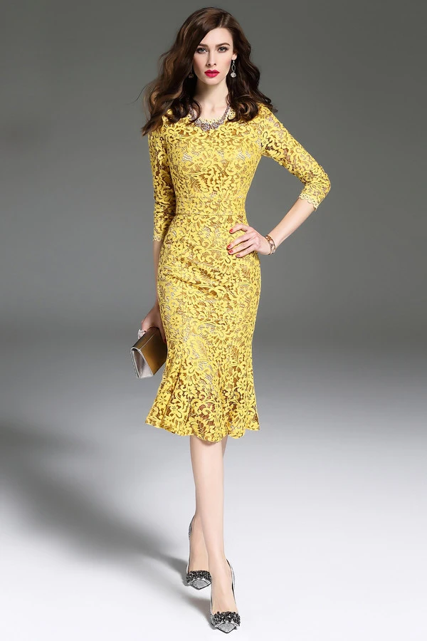 Bonnie Thea, Осеннее женское кружевное платье, женское желтое платье миди с длинным рукавом, vestido, элегантные вечерние платья для девушек, женская одежда