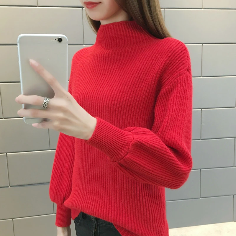 

PEONFLY Winter Women Sweaters Long Lantern Sleeve Turtleneck Knitted Jumper Warm Loose Korean Casual Pullovers Plus Size 3XL