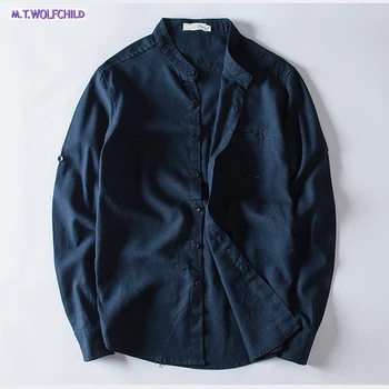

Men Stand Collar Linen Shirts Long Sleeve Mens Quality Casual Shirts Solid Dress Shirts with Pocket Male Clothes size 5XL