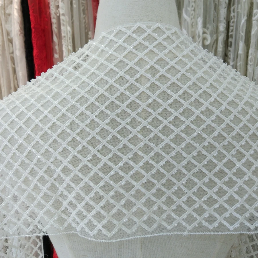 Один ярд бисером сетки Тюль с кружевами для венчальная Фата свадебная платье верхняя ткань от-кутюр кружевной отделкой