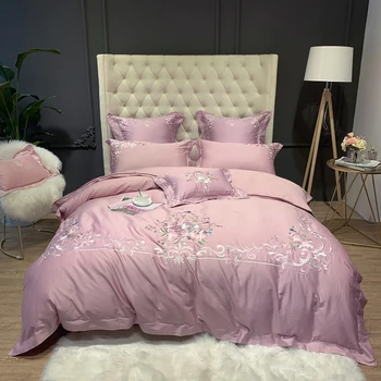 

Luxury European Palace Bedding Set Flower Embroidery 80S Egyptian Cotton Pink Duvet Cover Bed sheet Bed Linen Pillowcases 4/7pcs