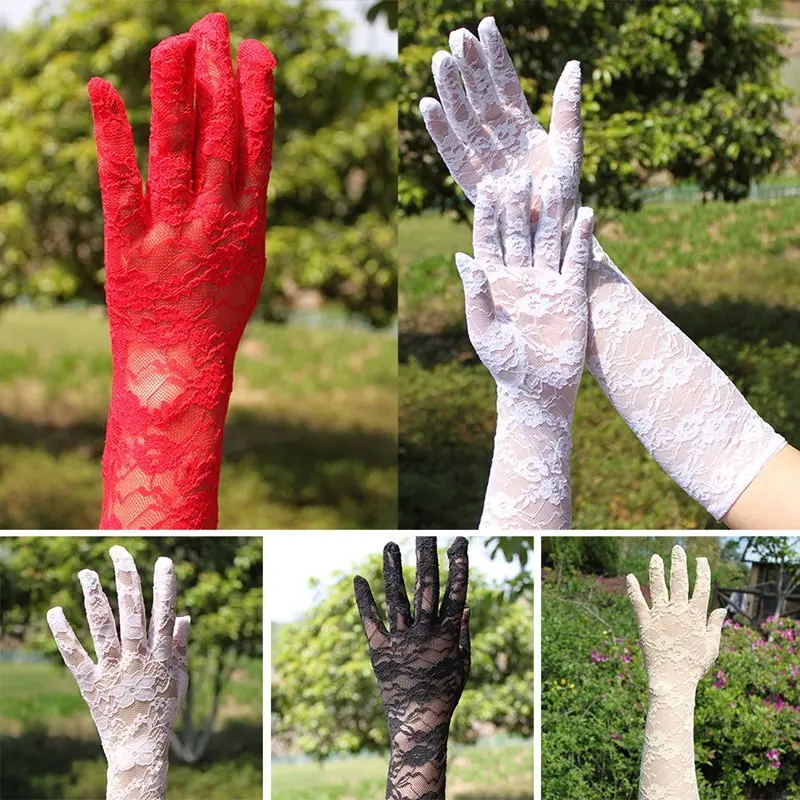 

Sexy lace gloves women's summer sunscreen thin long UV blocking gloves black white pink Lace driving Gloves