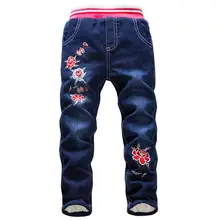 Новое поступление; теплые джинсы для девочек; красивые брюки с цветочной вышивкой; Детские Зимние джинсовые брюки; подростковая одежда для От 3 до 14 лет