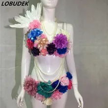 Женский DJ певец ночной клуб одежда для сцены сексуальный бикини с цветочный орнамент современный джазовый танец полюс танцы шоу костюмы
