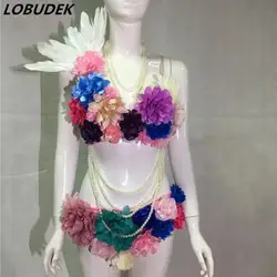 Для женщин DJ певица Производительность ночной клуб Одежда для сцены сексуальное бикини с цветы орнамент Джаз современные Танцы для танцев