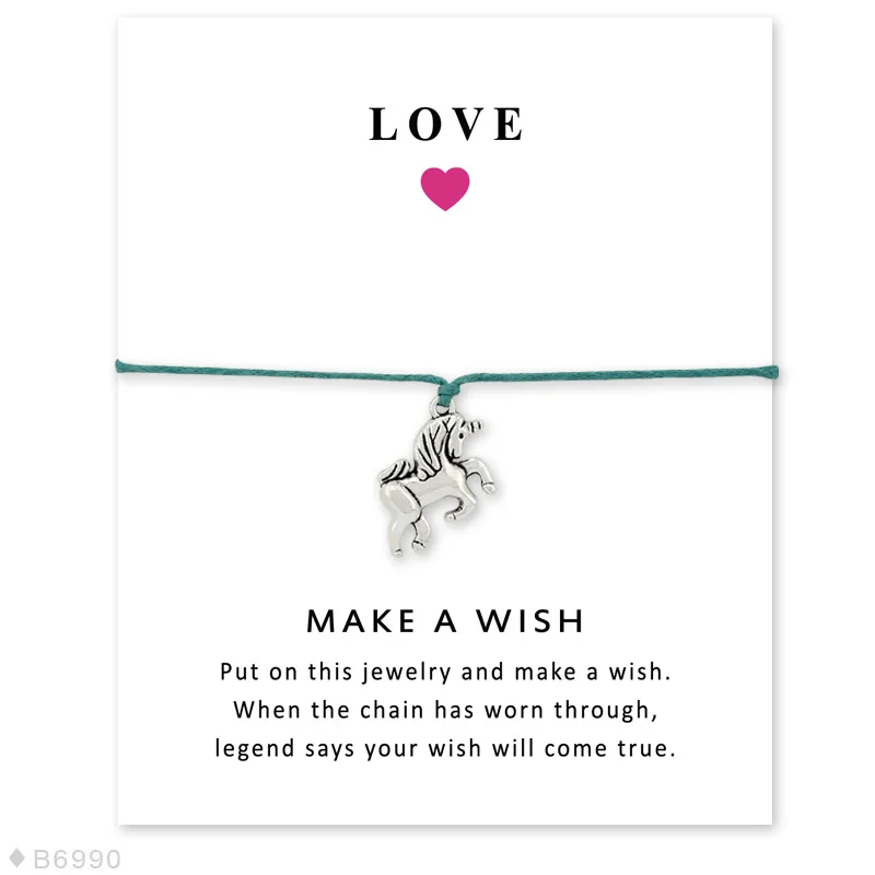 Женский браслет с единорогом Wish Card серебряный надписью Wild Horse Friend Love ювелирное