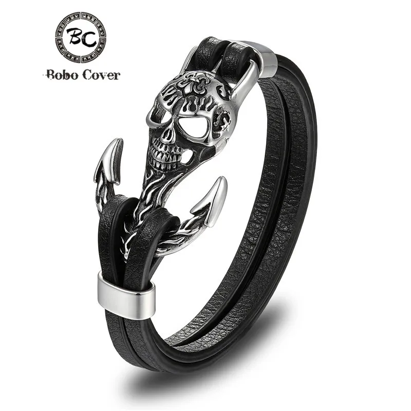 

Bobo Cover skull punk Stainless steel genuine leather animal bracelet men charm anchor bracelets & bangles for Men Jewelry homme