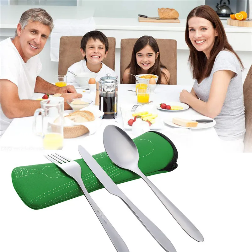 3 Pcs Tableware set Stainless Steel Knife Fork Spoon Chopsticks Travel Camping Cutlery Eyeful Cloth Bag Picnic Tools 20JY179