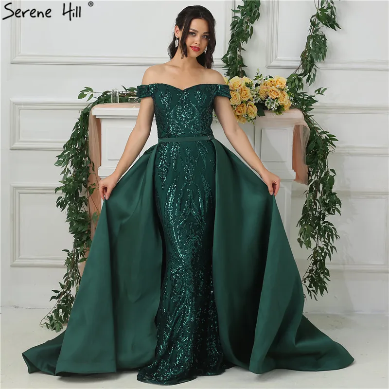 Зеленые Роскошные блестящие вечерние платья с открытыми плечами, сексуальные вечерние платья с вырезом лодочкой и шлейфом, Serene Хилл LA6659 - Цвет: green