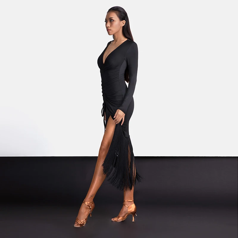 

Latin Dance Costume Women Sexy Practice Clothes Adjustable Length Tassel Dress Female Rumba/Tango Performance Clothing DQL1363