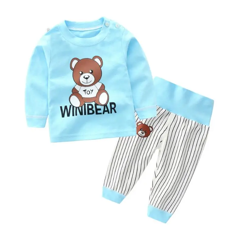 Для маленьких девочек мальчик хлопок одежды детская одежда для сна с героями мультика с длинным рукавом пижамы Детское Нижнее белье Комплект Детские кальсоны Комплект одежды на осень - Цвет: blue bear