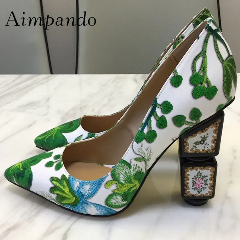 

2019 Chic Flower Embroider Wedding Shoes Woman Pointed Toe Vase Strange High Heel Shoes Women Party Shoes