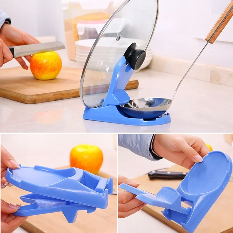 

1 pc Foldable Plastic Kitchen Pot Cover Shelf Plastic Spoon Pot Lids Shelf Pot Pan Cover Shell Stand Holder Useful Cooking Tool