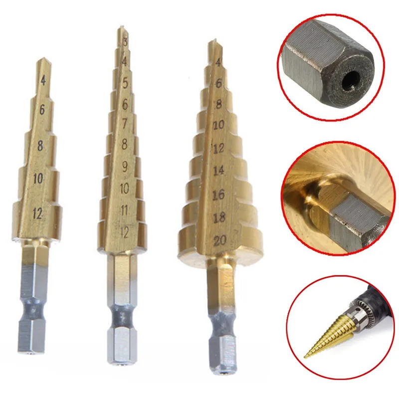3pcs HSS Step Cone Drill Bits Set Titanium Coated Woodworking Hole