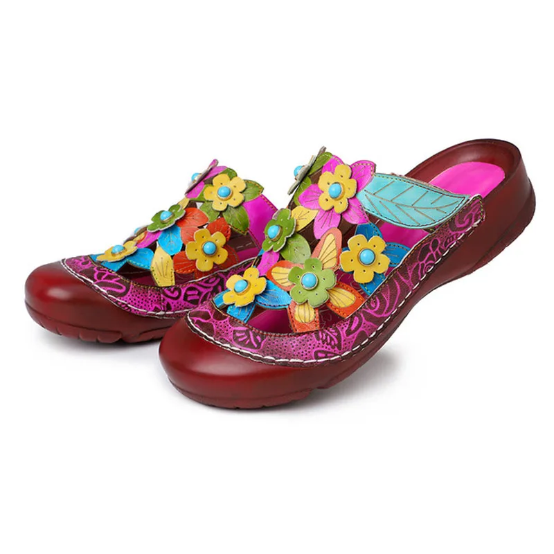 

Leather handmade flower pattern retro flat bottom color full leather round head super comfortable casual female sandals slippers