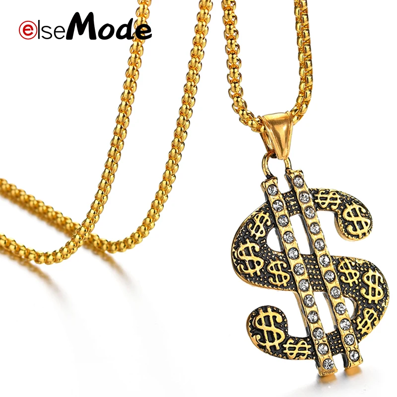 

ELSEMODE Hip Hop Gold Dollar Sign $ Pendants Necklaces Stainless Steel CZ Stone Link Chain Statement Neckalce For Woman Men